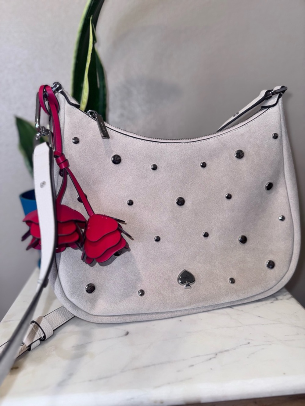 kate spade Kayla milk glass Suede Studded bag w/red leather Floral Charm